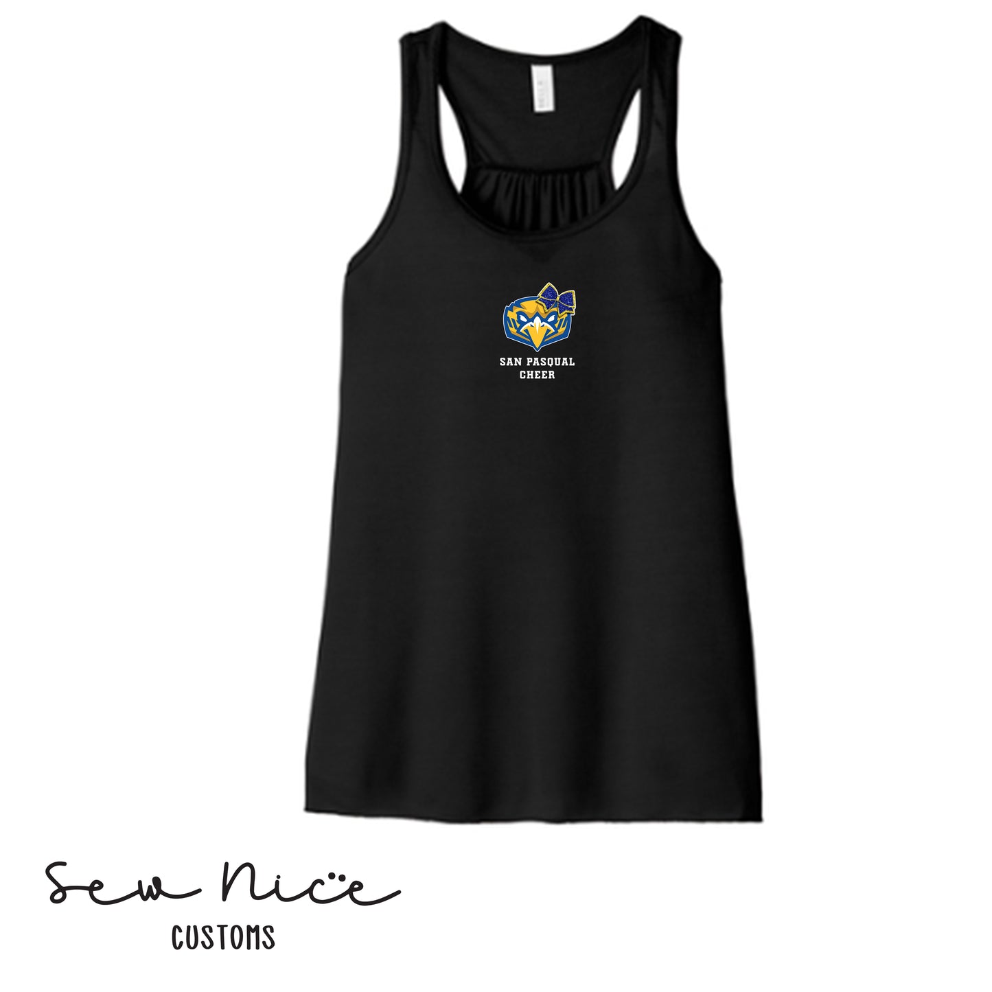 San Pasqual CHEER Glitter Bow- Ladies Bella Canvas Flowy Tank Top