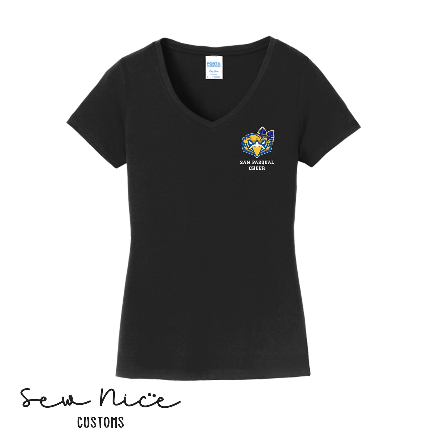 San Pasqual CHEER Glitter Bow- Ladies V-Neck Shirt