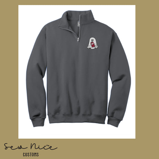 Embroidered Ghost with Drink - Unisex 1/4 Zip Sweatshirt