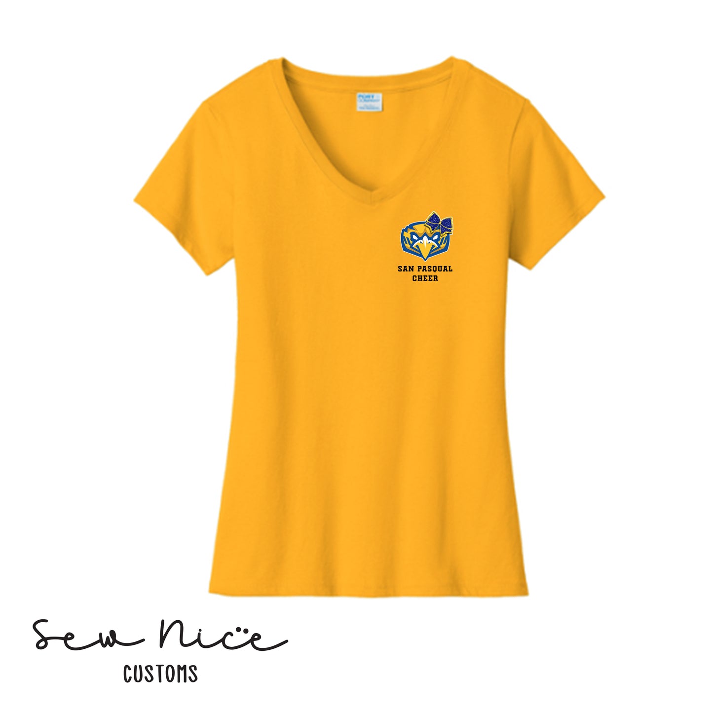 San Pasqual CHEER Glitter Bow- Ladies V-Neck Shirt