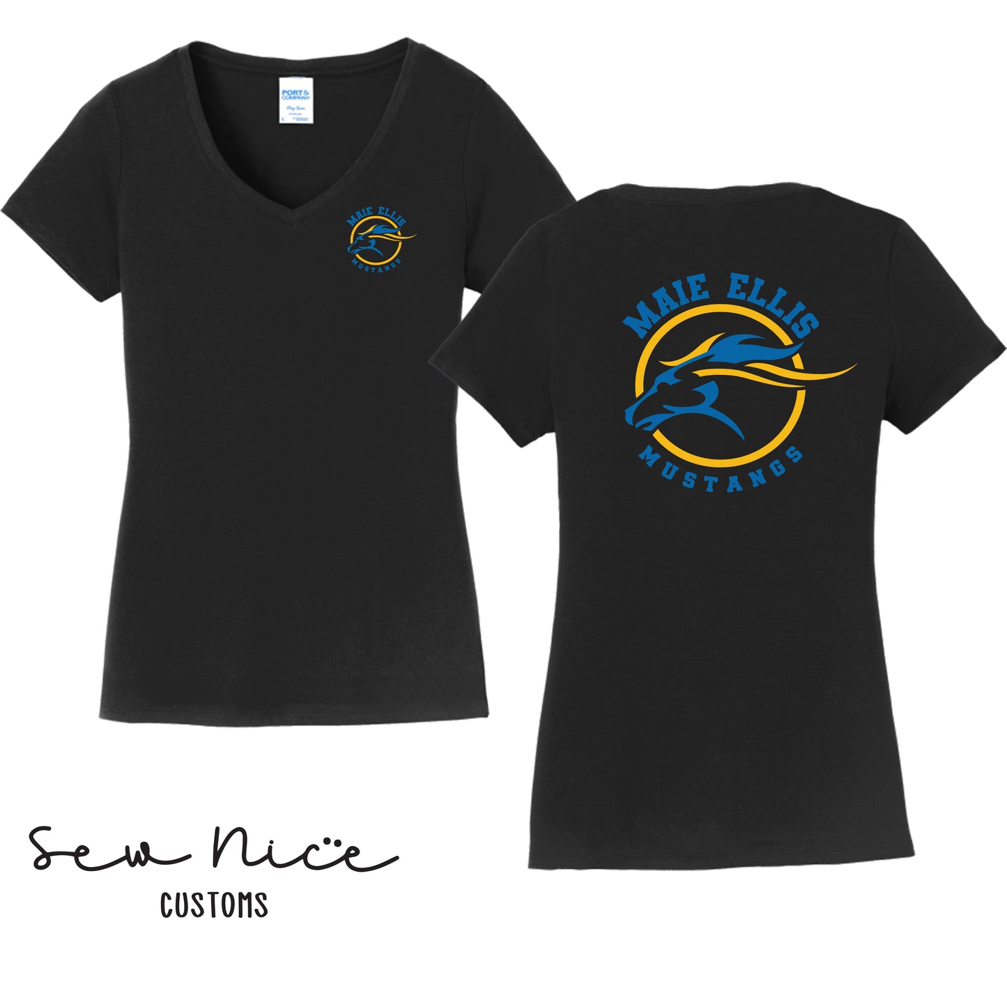 Women's V-Neck Maie Ellis Logo Shirt (Left Chest/Back Design)