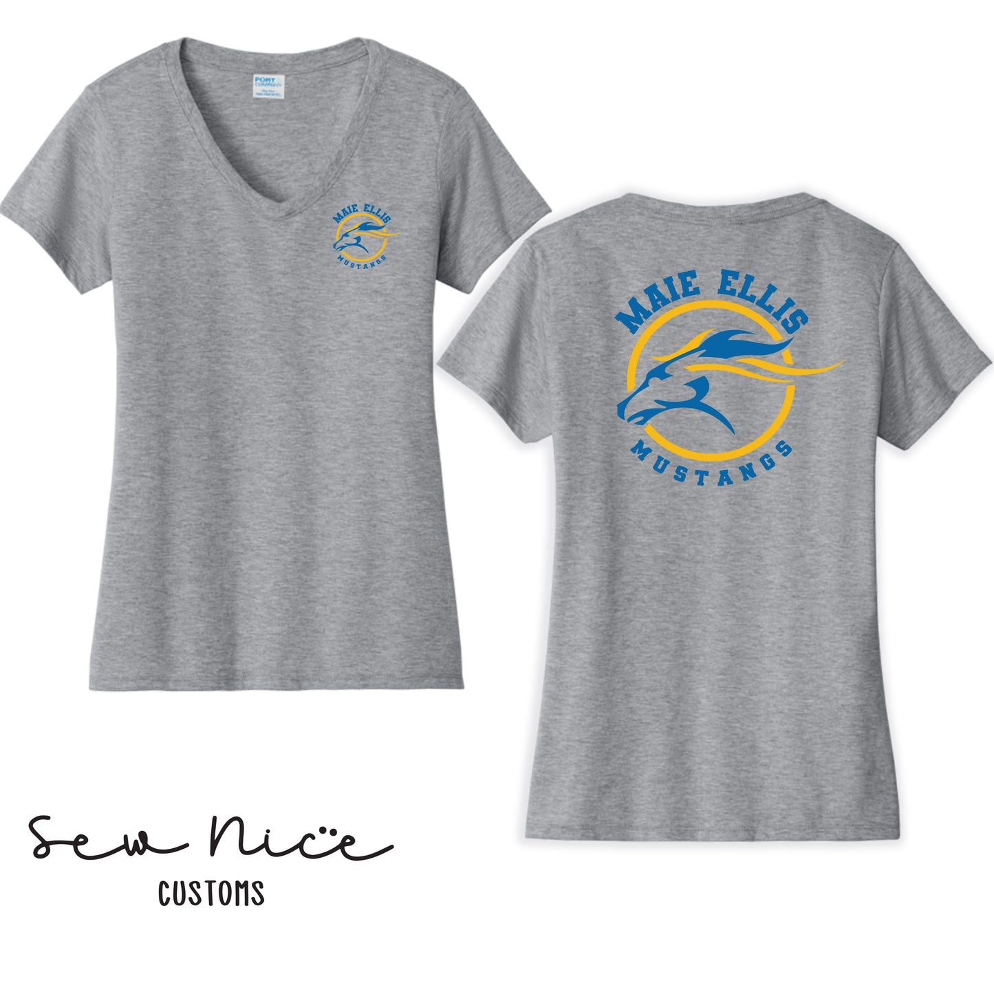 Women's V-Neck Maie Ellis Logo Shirt (Left Chest/Back Design)