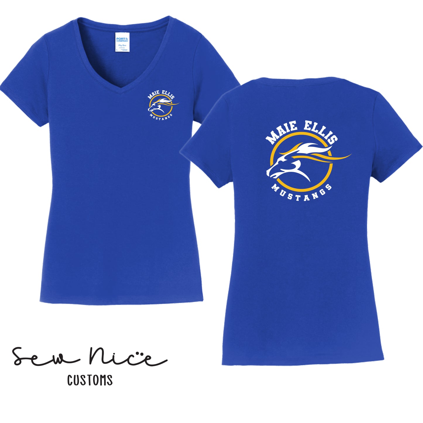 Women's V-Neck Maie Ellis Logo Shirt (Left Chest/Back Design)