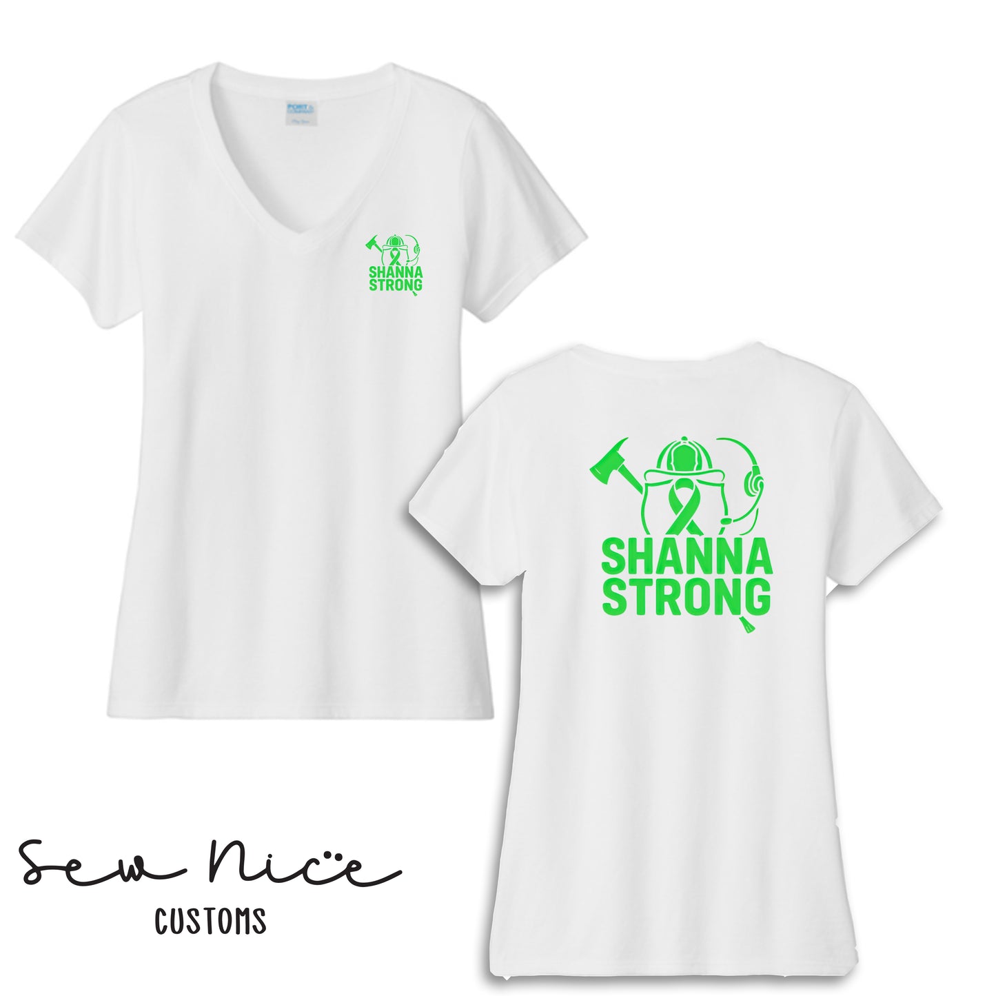 Shanna Strong Women's V-Neck Shirt -Left Chest/Back Design