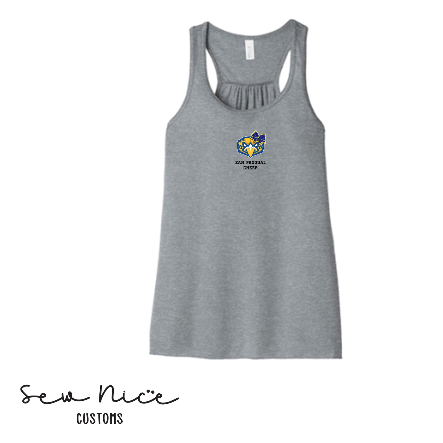 San Pasqual CHEER Glitter Bow- Ladies Bella Canvas Flowy Tank Top