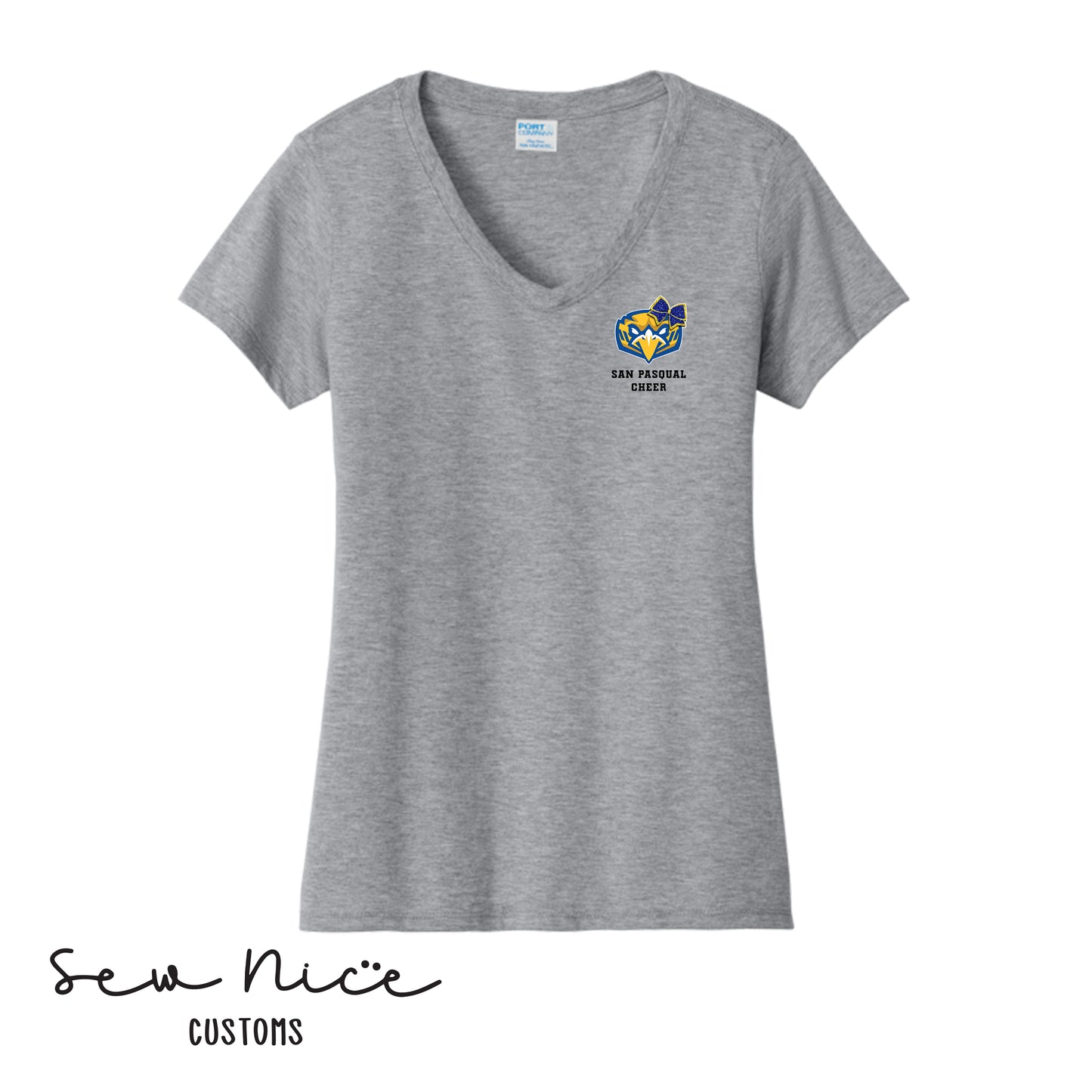 San Pasqual CHEER Glitter Bow- Ladies V-Neck Shirt