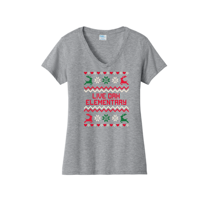 Live Oak Elementary Sweater-Red/Green -Women's V-Neck