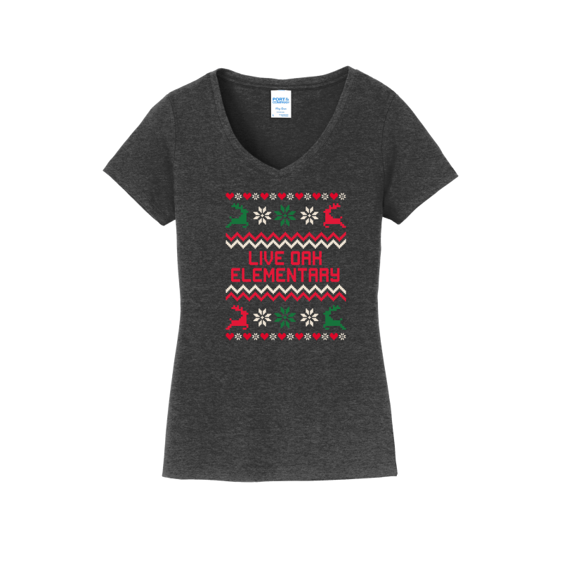 Live Oak Elementary Sweater-Red/Green -Women's V-Neck