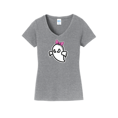 Ghost with Bow Softball Ladies V-Neck