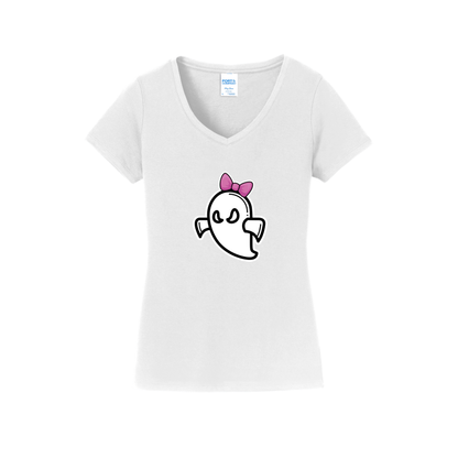 Ghost with Bow Softball Ladies V-Neck