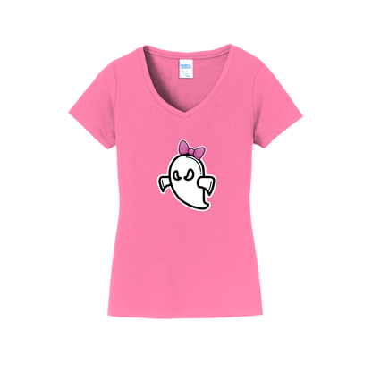 Ghost with Bow Softball Ladies V-Neck