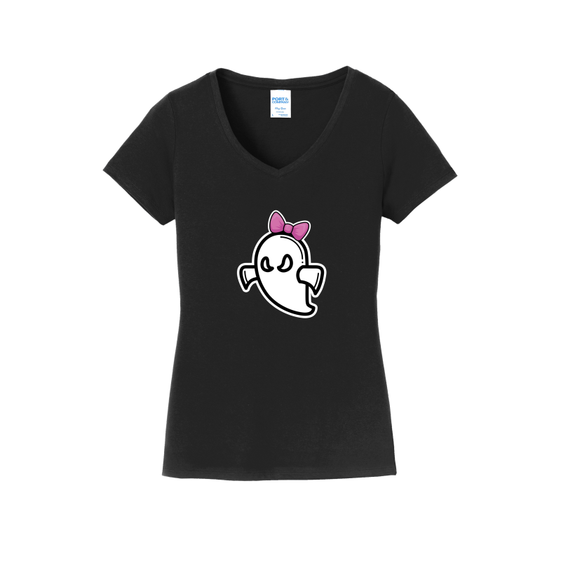 Ghost with Bow Softball Ladies V-Neck