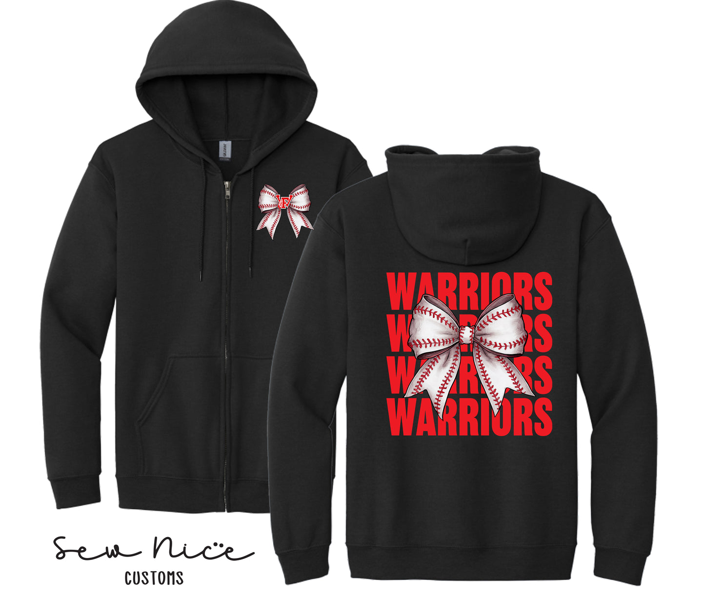 Warriors Baseball Bow- Unisex Adult/Youth Full Zip Hoodie