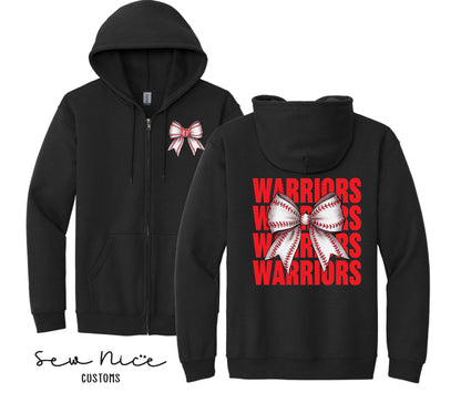 Warriors Baseball Bow- Unisex Adult/Youth Full Zip Hoodie