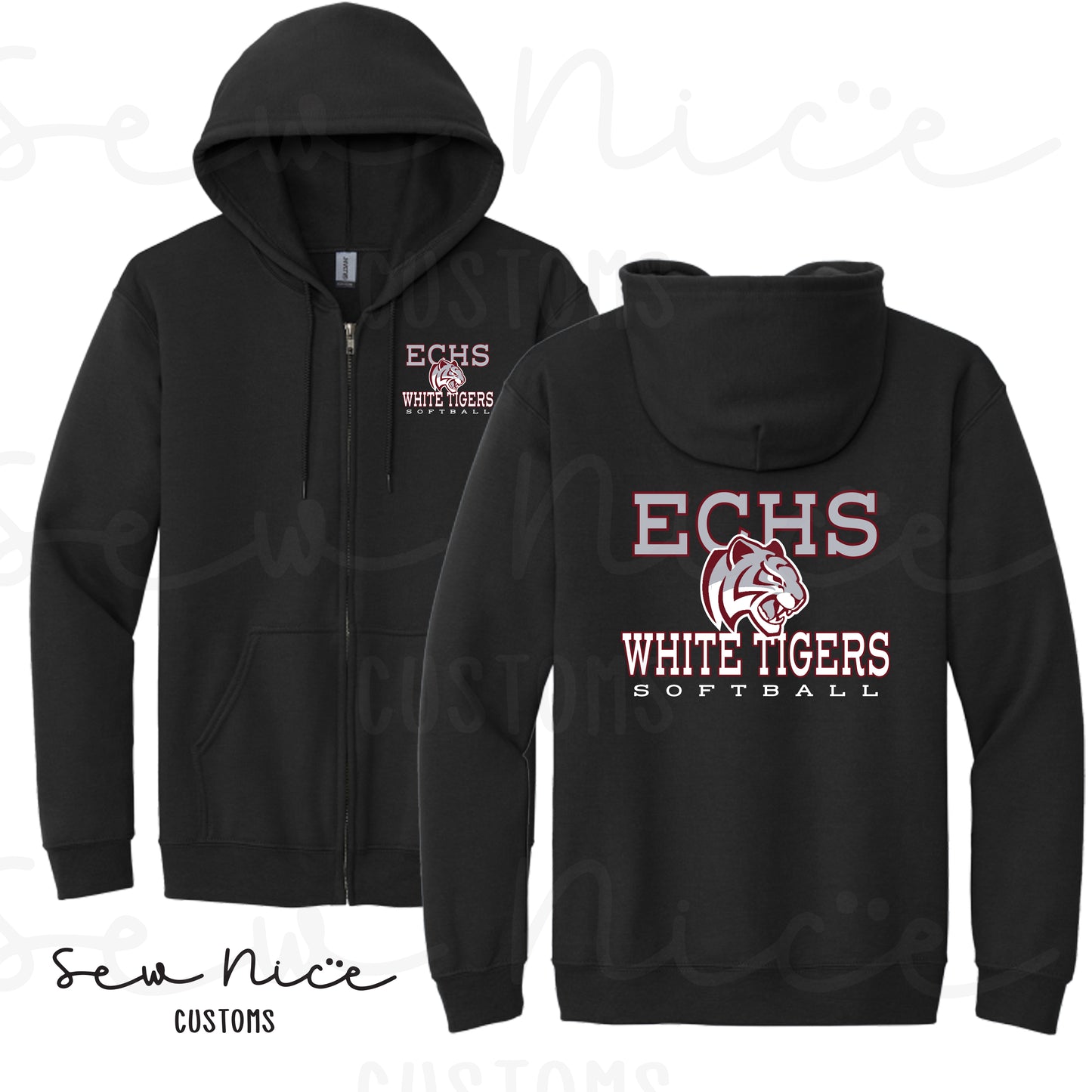 ECHS White Tiger Softball- Unisex Adult/Youth Full Zip Hoodie