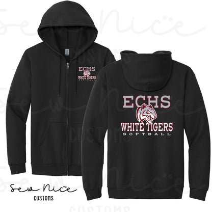 ECHS White Tiger Softball- Unisex Adult/Youth Full Zip Hoodie