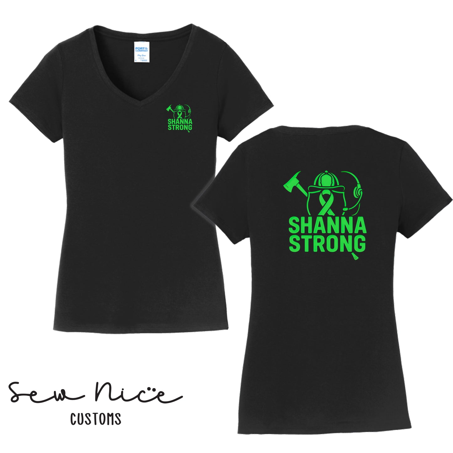 Shanna Strong Women's V-Neck Shirt -Left Chest/Back Design