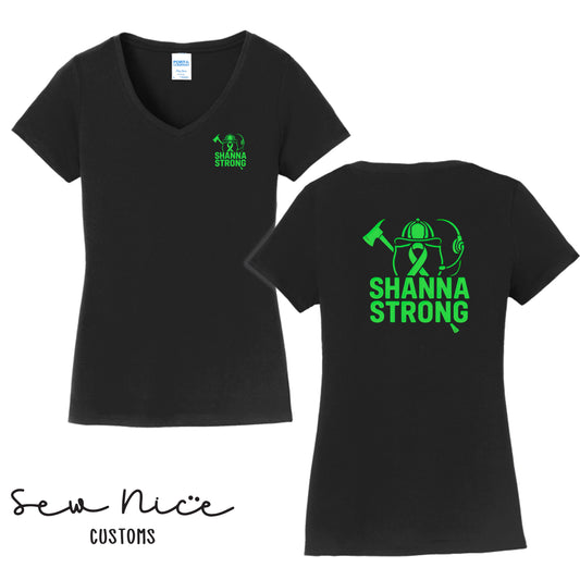 Shanna Strong Women's V-Neck Shirt -Left Chest/Back Design