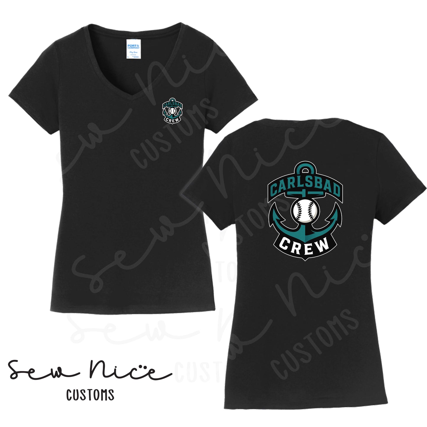 Carlsbad Crew Ladies V-Neck Shirt -Left Chest & Back Design
