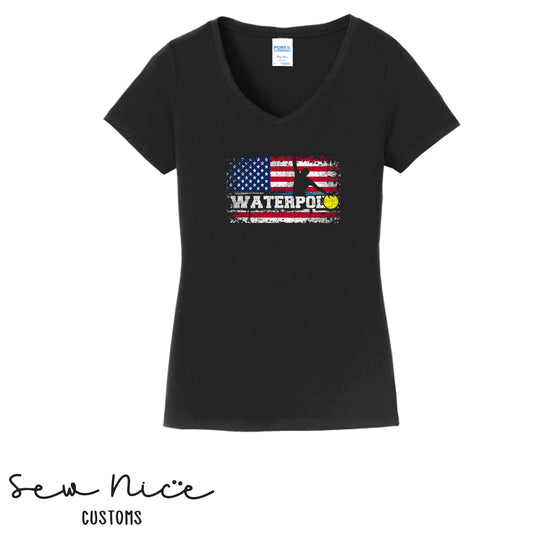 FHS American Flag Water Polo- Ladies V-Neck Shirt