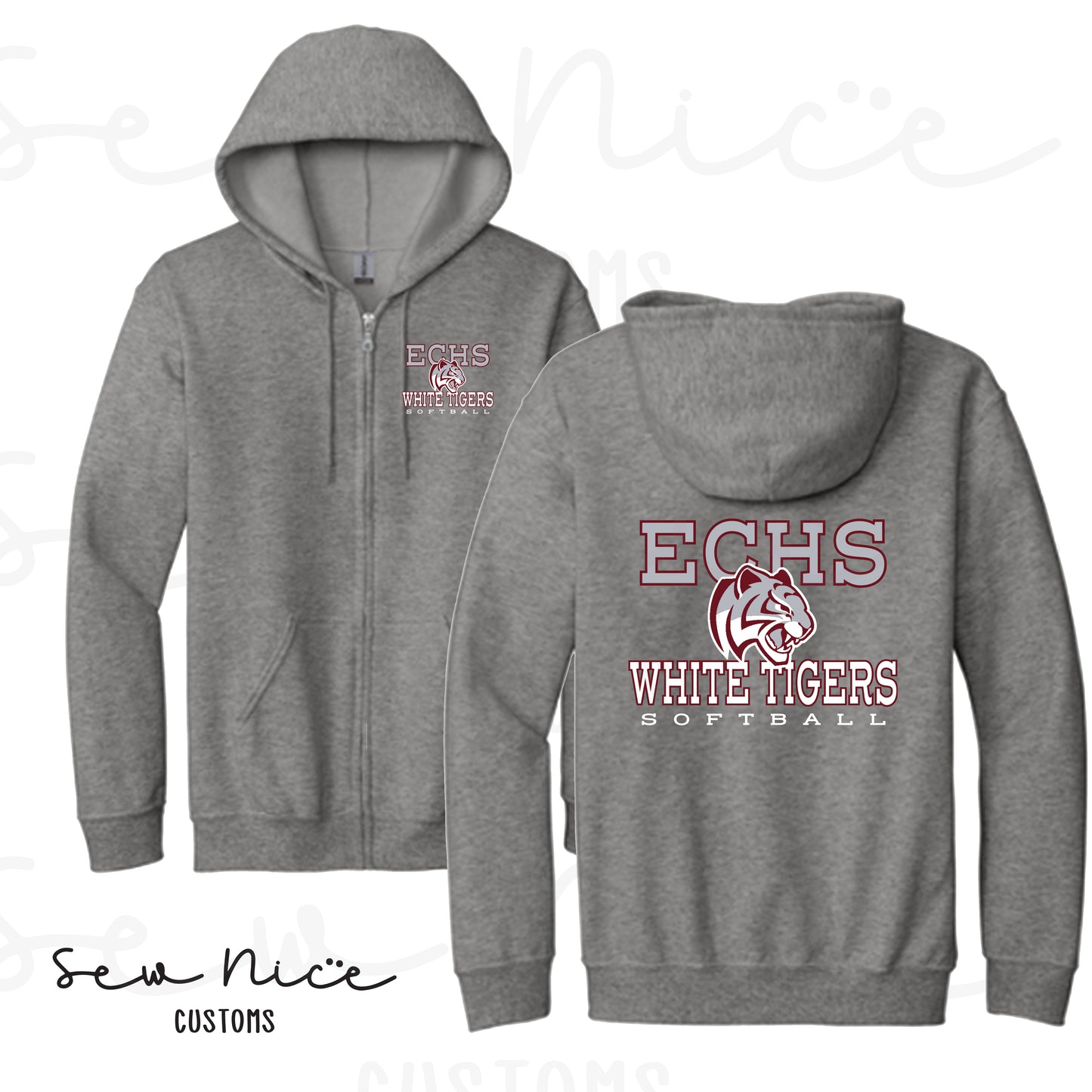 ECHS White Tiger Softball- Unisex Adult/Youth Full Zip Hoodie