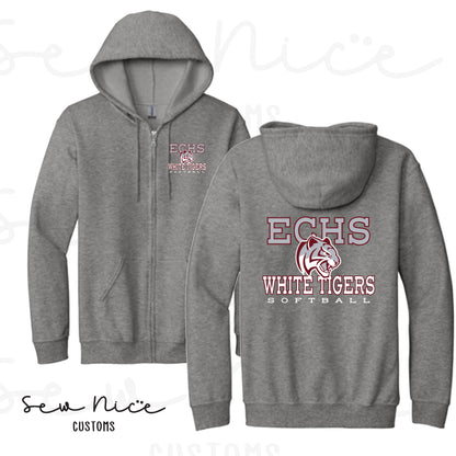 ECHS White Tiger Softball- Unisex Adult/Youth Full Zip Hoodie