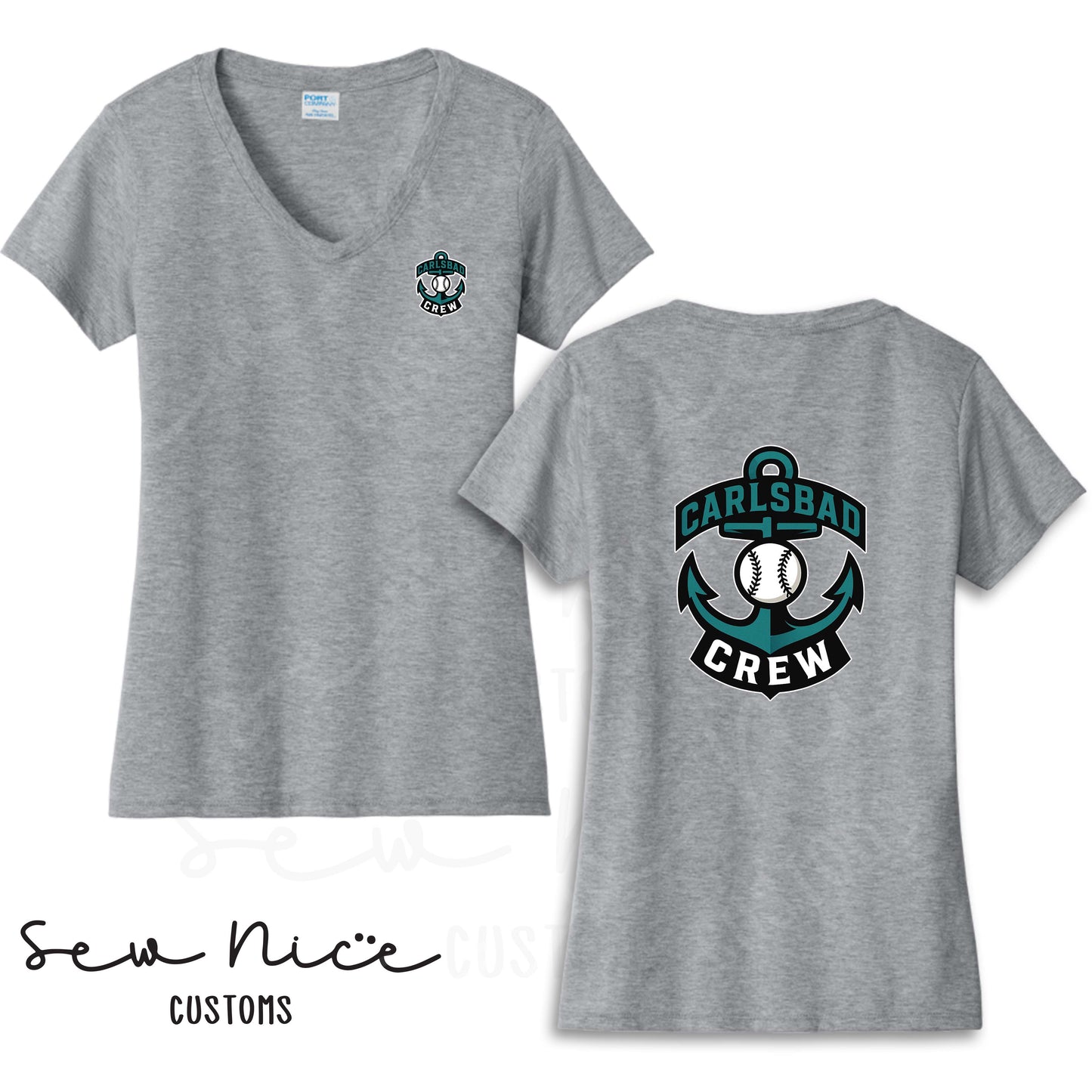 Carlsbad Crew Ladies V-Neck Shirt -Left Chest & Back Design