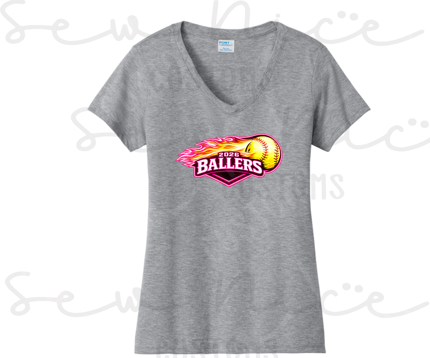 2026 Ballers (Flame) Softball- Ladies V-Neck Shirt