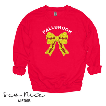 Embroidered Fallbrook Glitter Softball Bow - Adult/Youth Crewneck