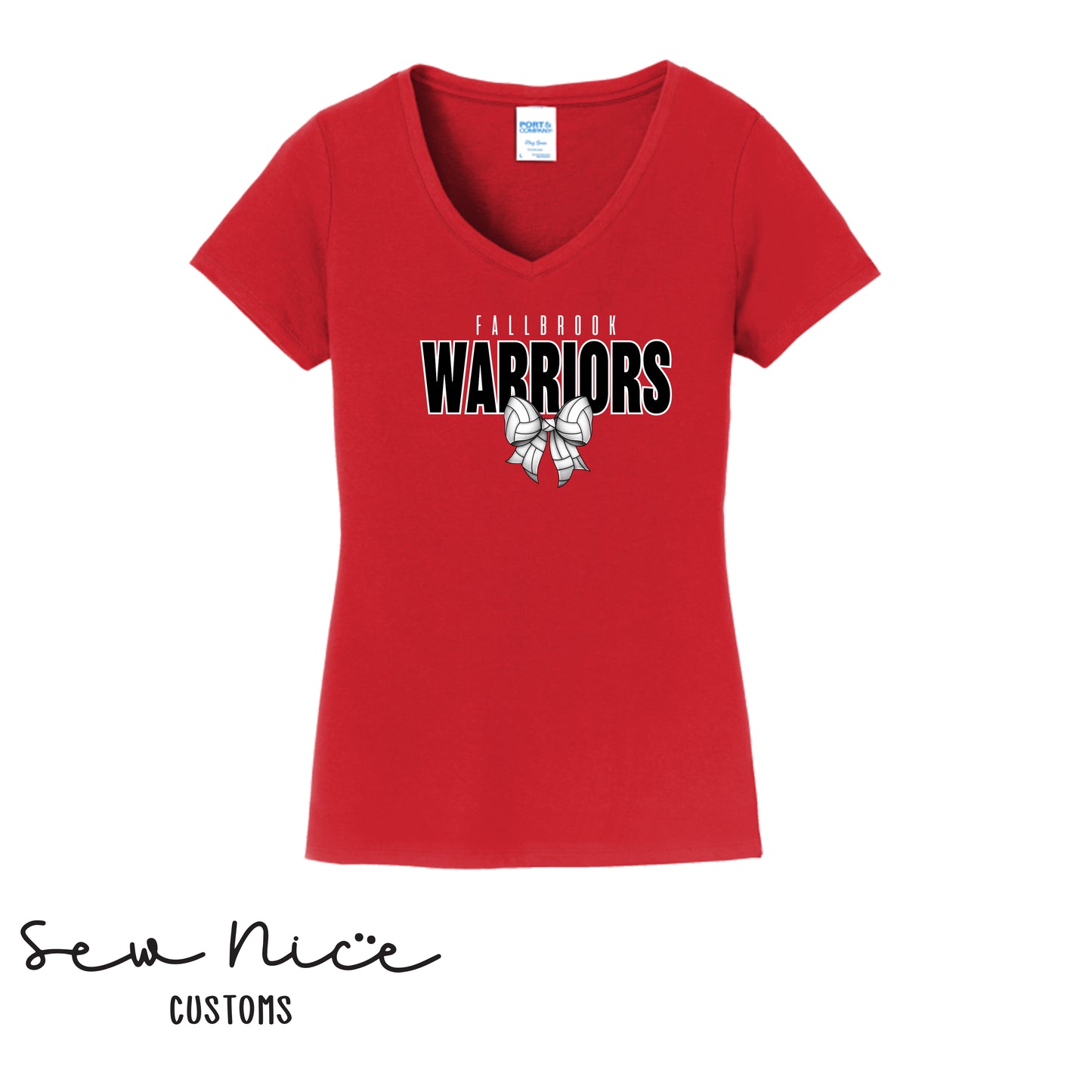 Fallbrook Warriors Volleyball Bow- Ladies V-Neck Shirt