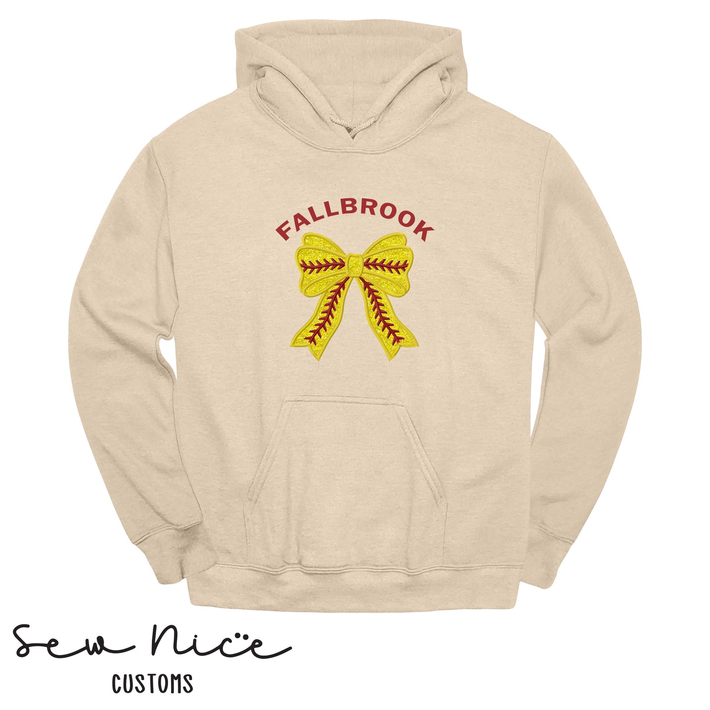 Embroidered Fallbrook Glitter Softball Bow - Adult/Youth Hoodie