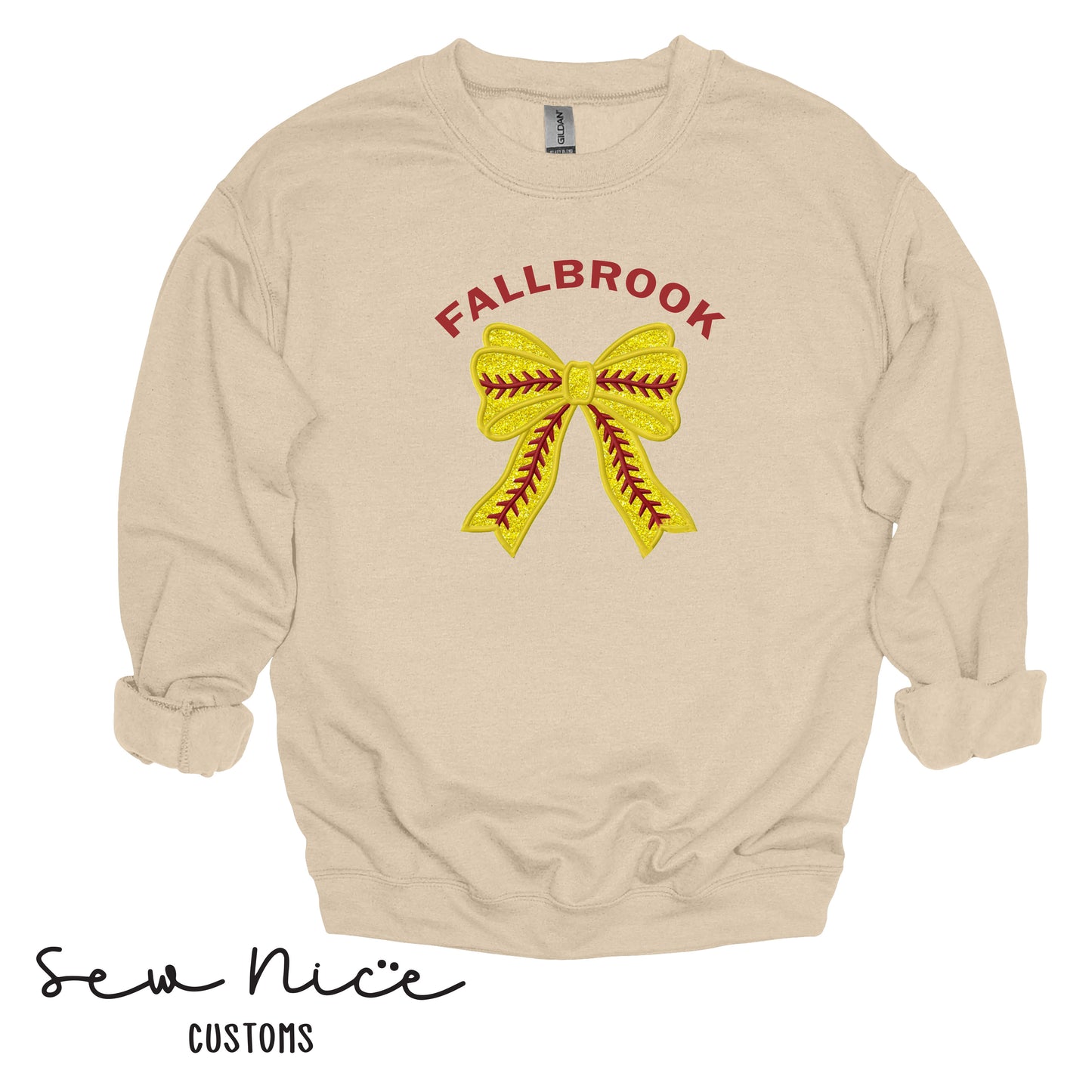 Embroidered Fallbrook Glitter Softball Bow - Adult/Youth Crewneck