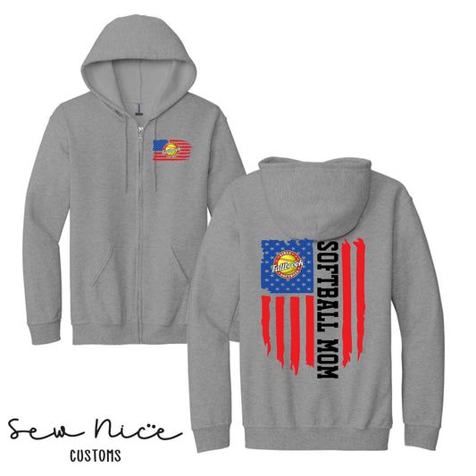 American Flag Softball (Mom-Dad) Design- Unisex Full Zip Hoodie