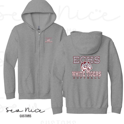 ECHS White Tiger Softball- Unisex Adult/Youth Full Zip Hoodie