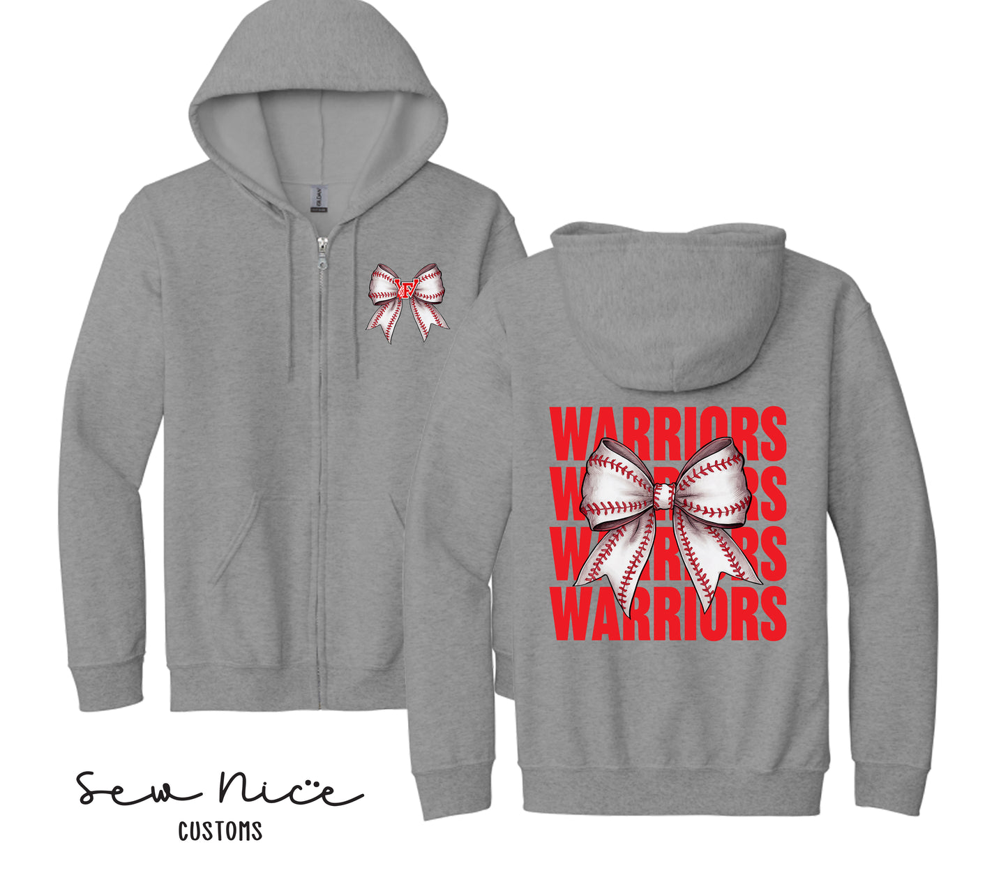Warriors Baseball Bow- Unisex Adult/Youth Full Zip Hoodie