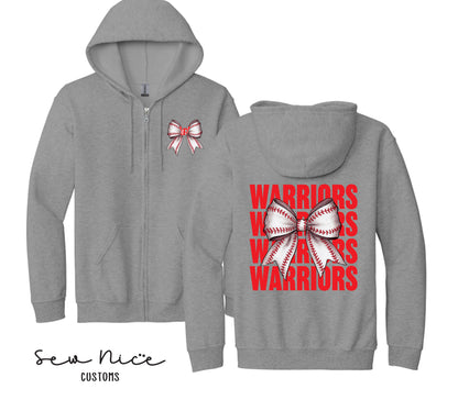 Warriors Baseball Bow- Unisex Adult/Youth Full Zip Hoodie