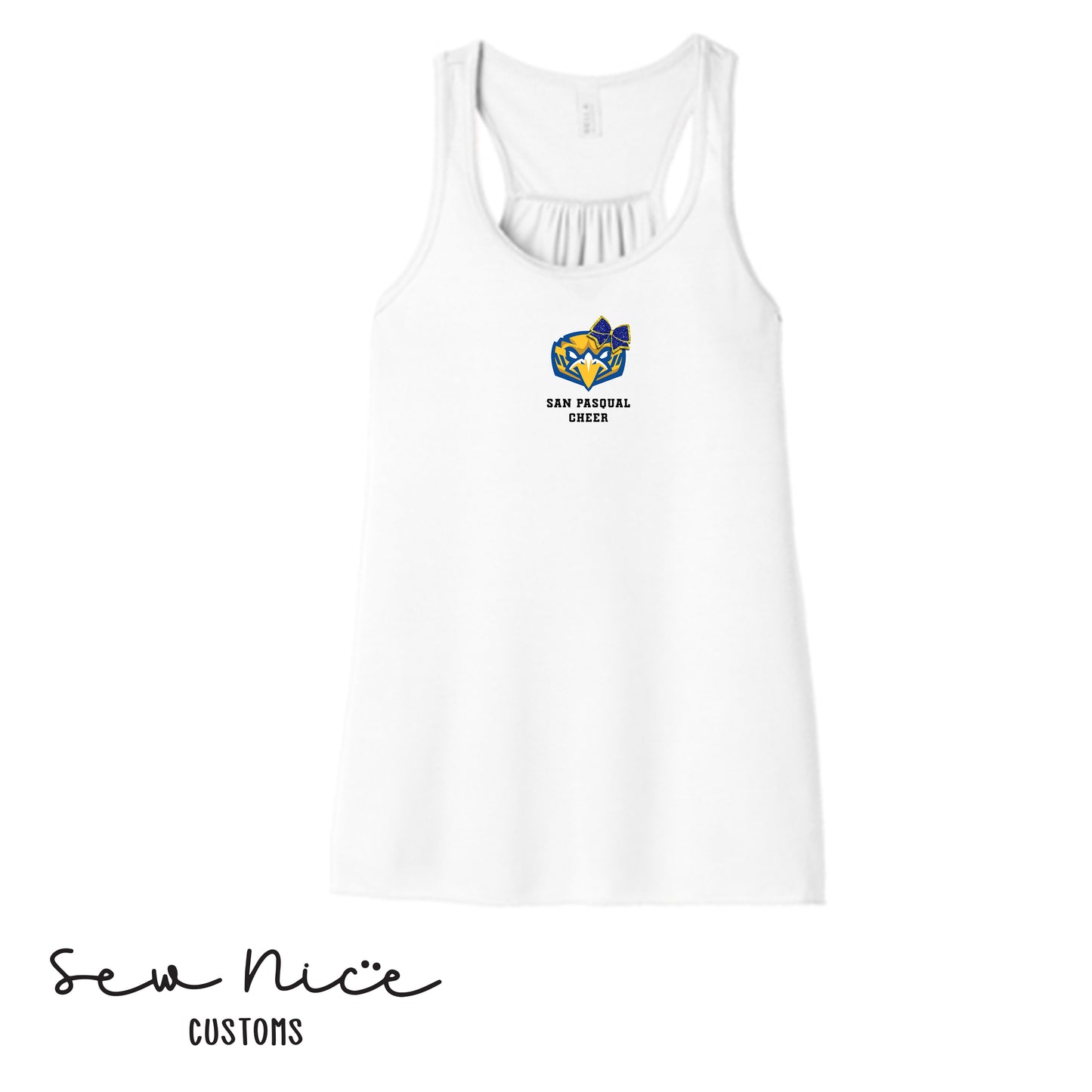 San Pasqual CHEER Glitter Bow- Ladies Bella Canvas Flowy Tank Top