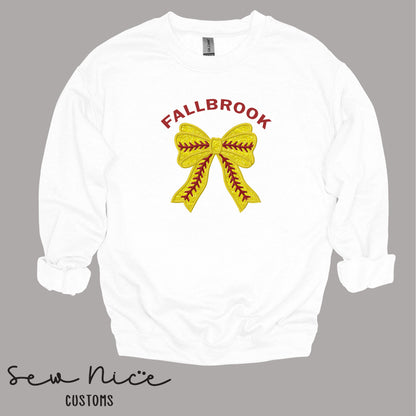 Embroidered Fallbrook Glitter Softball Bow - Adult/Youth Crewneck