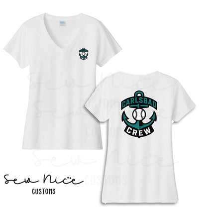 Carlsbad Crew Ladies V-Neck Shirt -Left Chest & Back Design