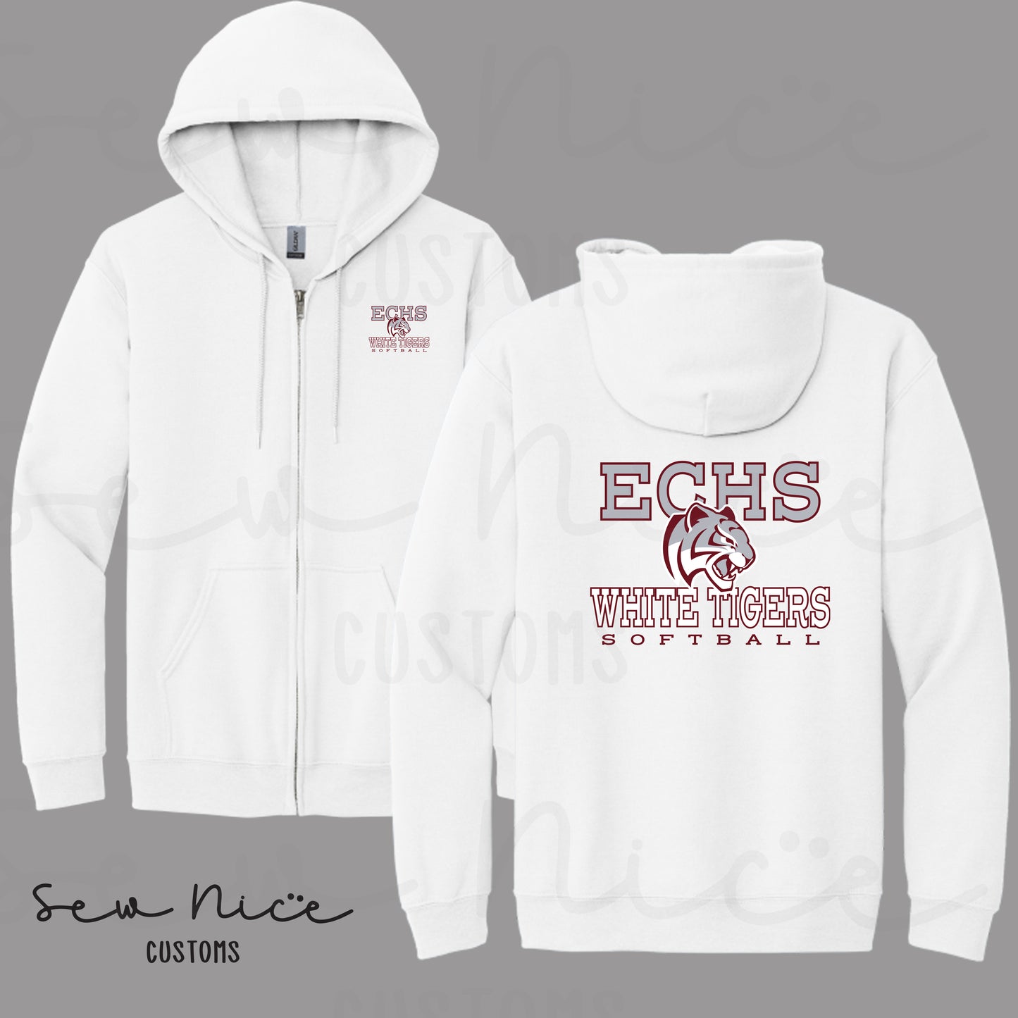 ECHS White Tiger Softball- Unisex Adult/Youth Full Zip Hoodie