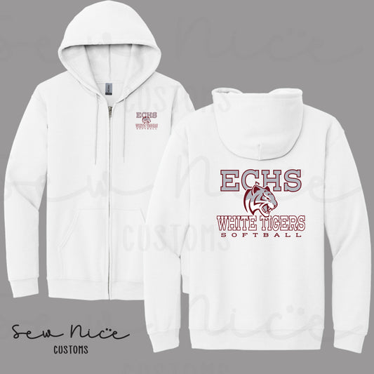 ECHS White Tiger Softball- Unisex Adult/Youth Full Zip Hoodie