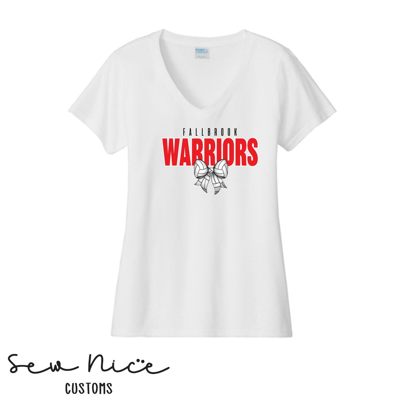 Fallbrook Warriors Volleyball Bow- Ladies V-Neck Shirt